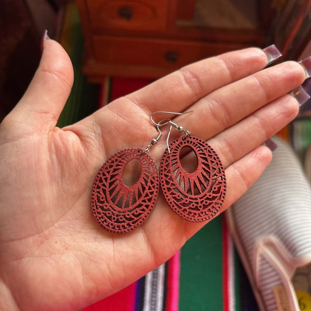 Red Filigree Wood Bohemian Teardrop Dangle Earrings
